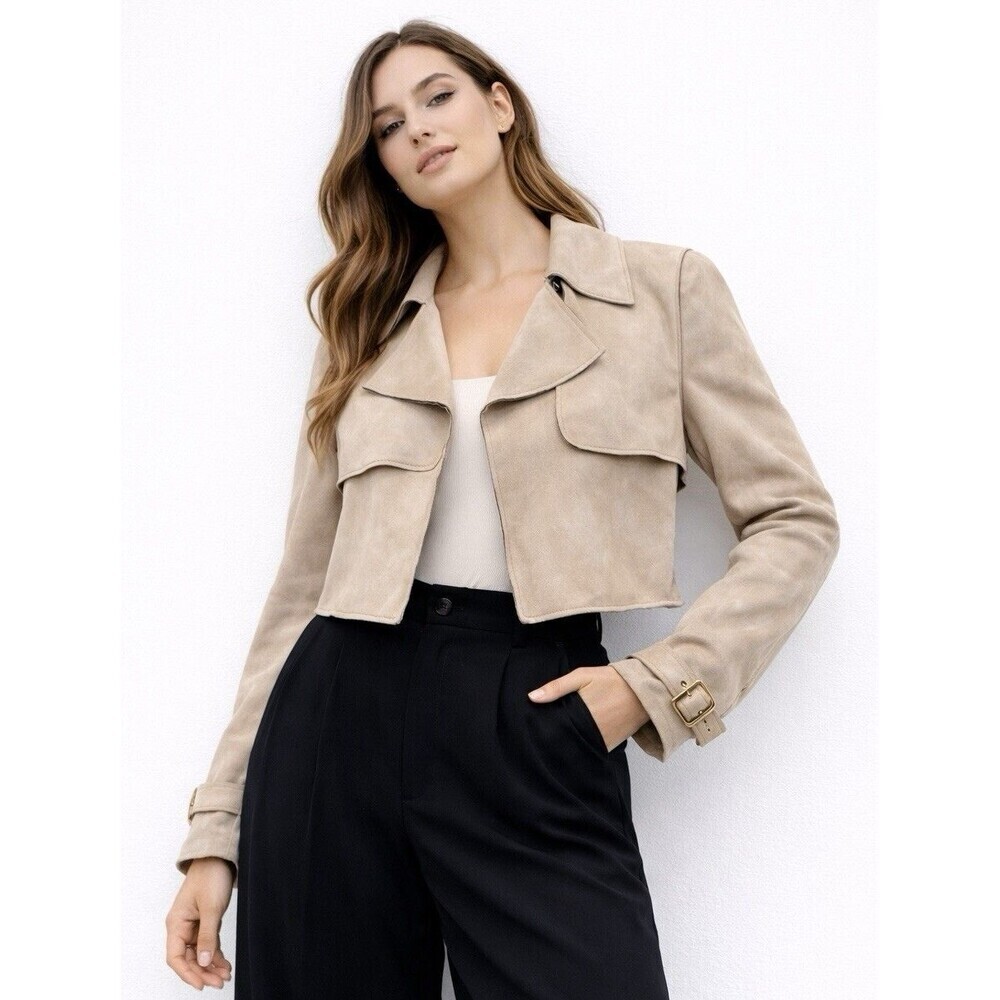 Missguided Beige Faux Suede Cropped Jacket UK 6 US 2 Belted Sleeve Moto Style